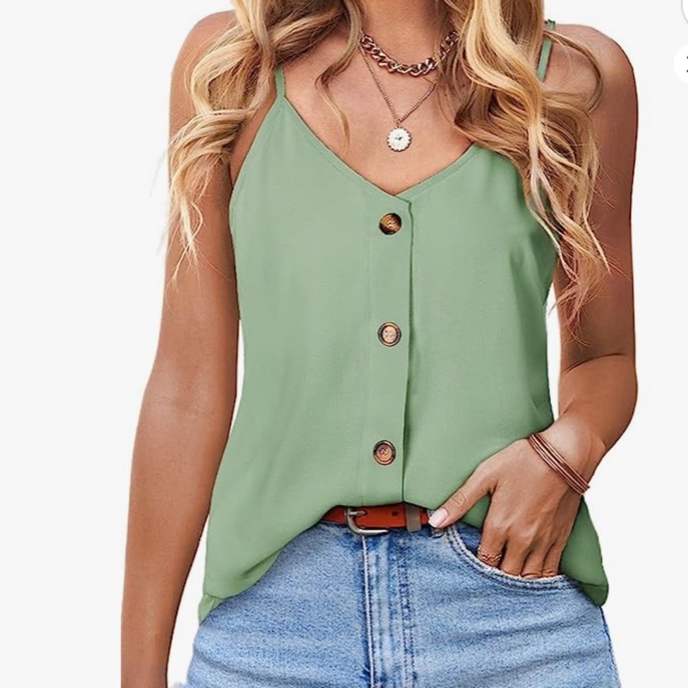 NWOT V-neck Button Front Strappy Green Loose Fit Sleeveless Tank Top Size Medium
